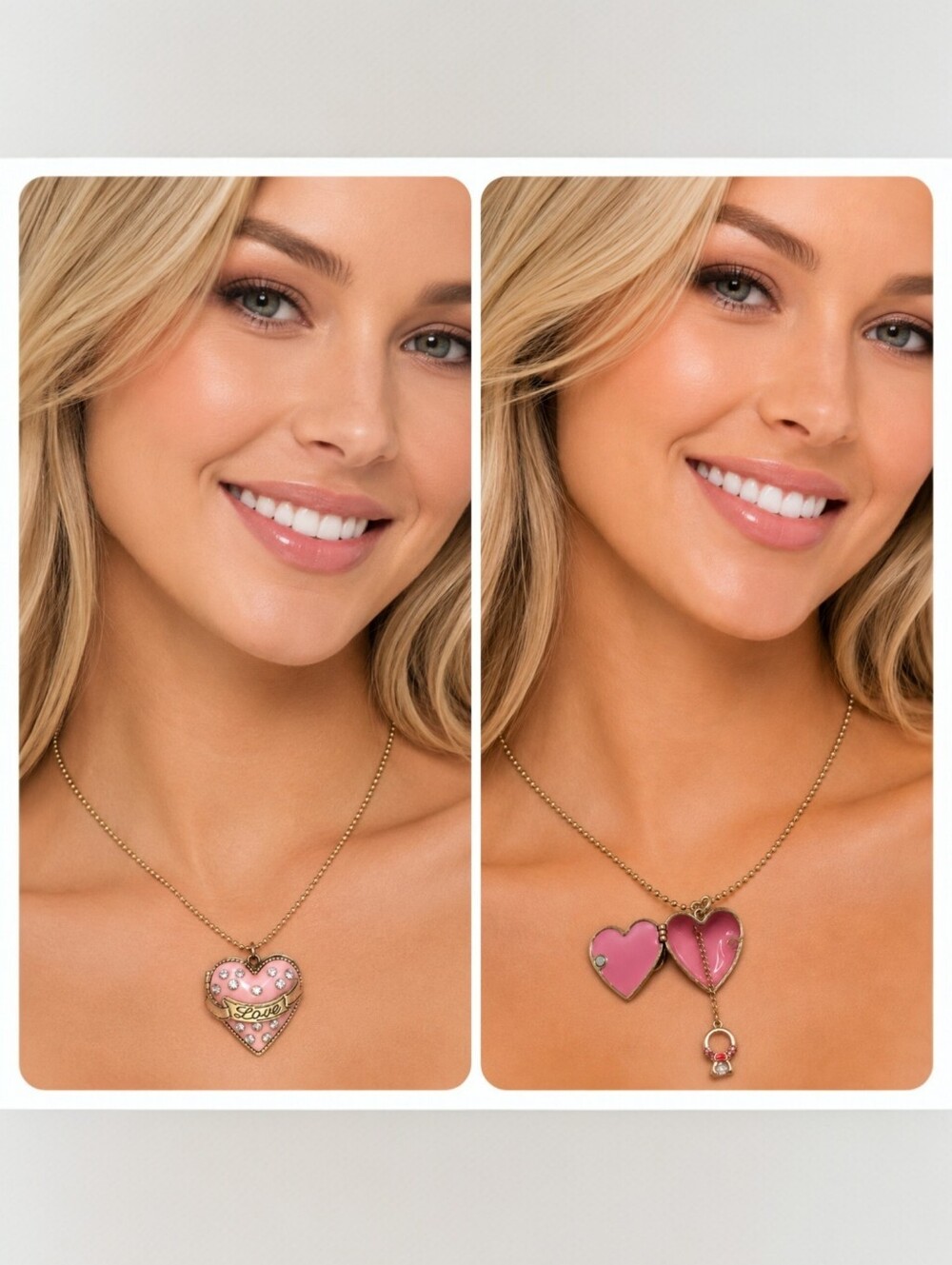 Betsey Johnson Pink Heart Locket Necklace | Rhinestone Love Pendant Magnetic Clo